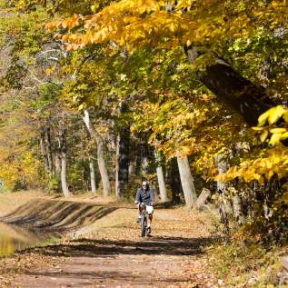 Cyclist along the Delaware Canal in fall
