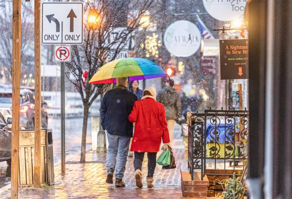 People Walking Down A Rainy New Hope Street