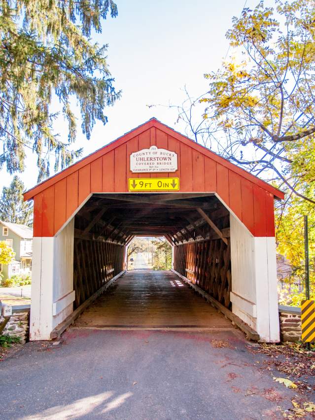 Located on Uhlerstown Road in Tinicum Township, Uhlerstown Covered Bridge is constructed of oak and has windows on both sides. It was built in 1832 and is the only covered bridge in Bucks County that crosses the Delaware Canal.