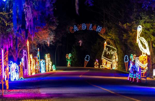 Roadway at the Holiday Festival of Lights brightly lit on both sides with brilliant holiday lights