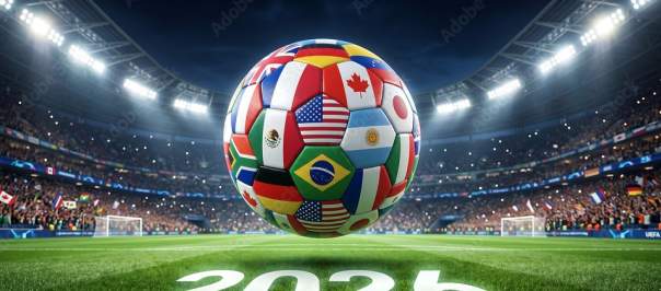 A soccer ball with different global flags hovering above the year "2026" on a soccer field.