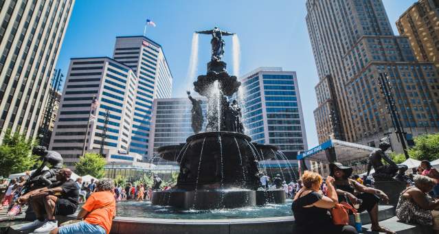 the Tyler Davidson Fountain in downtown Cincinnati