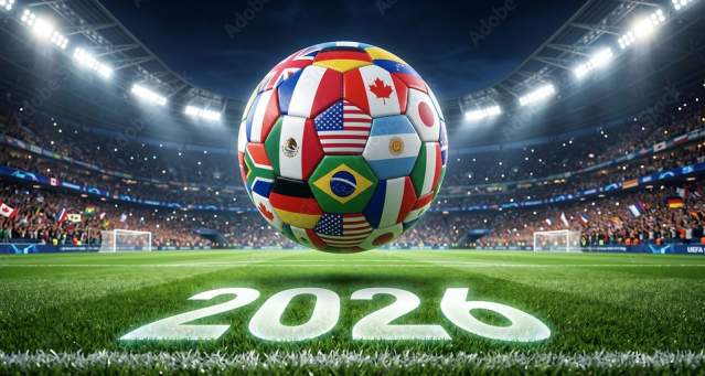 A soccer ball with different global flags hovering above the year "2026" on a soccer field.