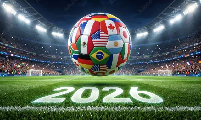 A soccer ball with different global flags hovering above the year "2026" on a soccer field.