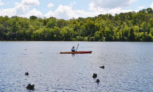 Person kayaking on the lake at Winton Woods (photo: Great Parks of Hamilton County)