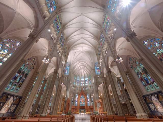 Soaring gothic arches and stained glass windows make up the interior of St. Mary's Cathedral.