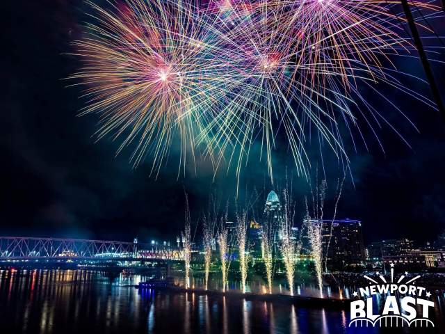 Image is of fireworks over the Ohio River with the City of Cincinnati in the background.
