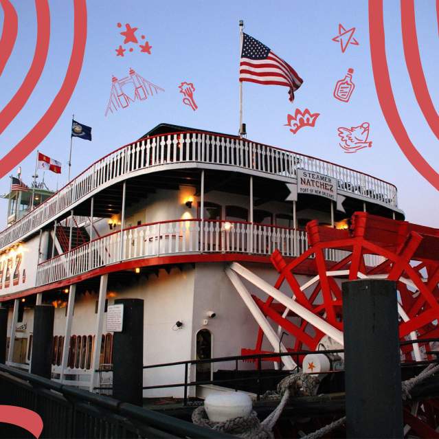 A paddlewheel boat with red, hand drawn elements.