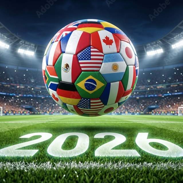 A soccer ball with different global flags hovering above the year "2026" on a soccer field.