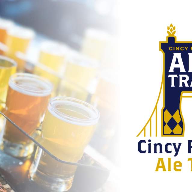Flights of beers next to the Cincy Region Ale Trail icon, a stylized version of the Roebling Bridge.