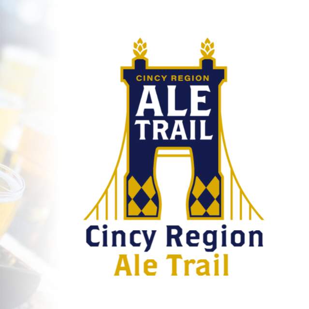 Flights of beers next to the Cincy Region Ale Trail icon, a stylized version of the Roebling Bridge.