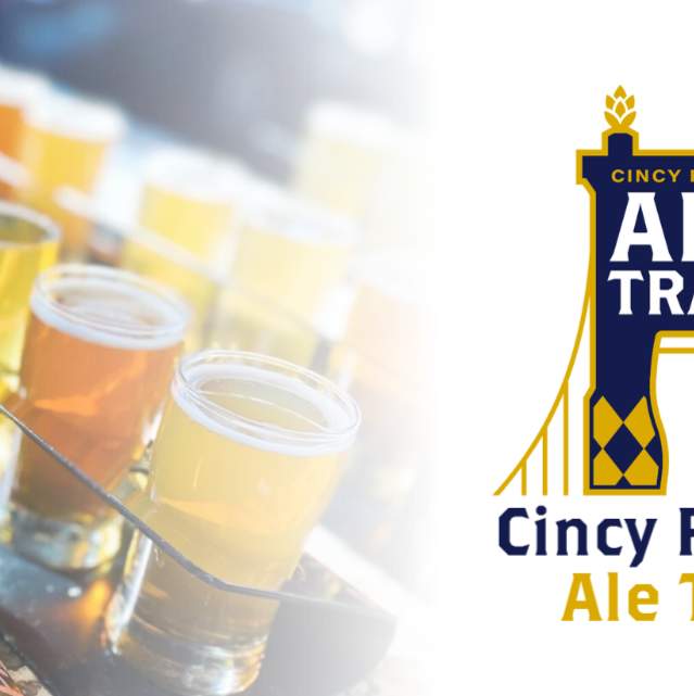 Flights of beers next to the Cincy Region Ale Trail icon, a stylized version of the Roebling Bridge.