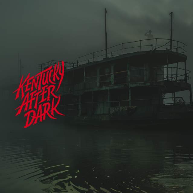 An illustration of a ship in the fog. A ghostly figure stands on the top deck. Text reads Kentucky After Dark