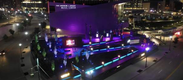 A nighttime aerial shot of the Cincinnati Black Music Walk of Fame.