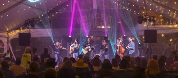 A band performs on stage under purple and teal lights with a crowd in front of the stage.