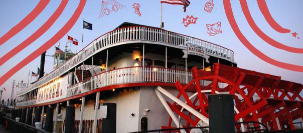 A paddlewheel boat with red, hand drawn elements.