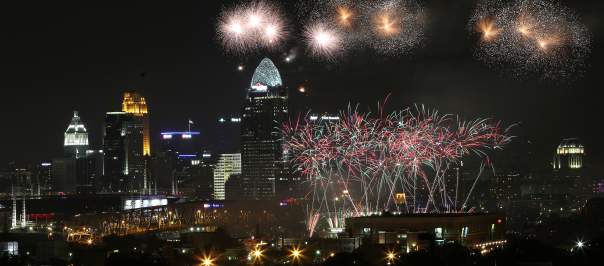 fireworks celebration over Cincinnati downtown