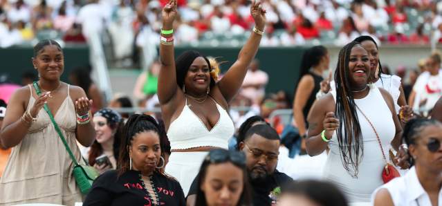 A group of people in the foreground are enjoying an outdoor event with a large crowd in the background.