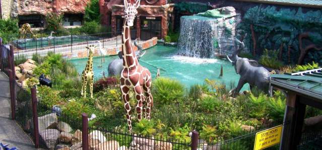 Exterior of Jungle Jim's showing life-sized fiberglass animals "playing" around a pool with working waterfall.