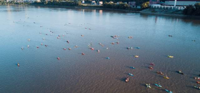 group of kayakers on the Ohio River in Cincinnati