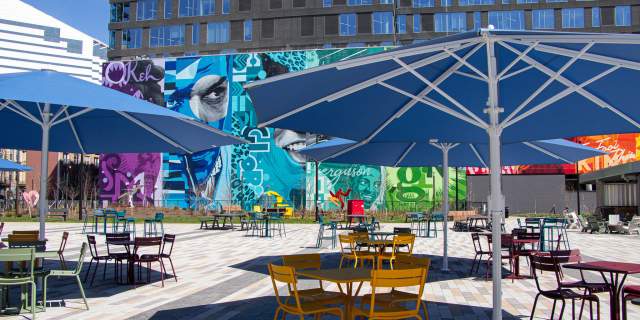 Seating at Elm Street Plaza in Spring