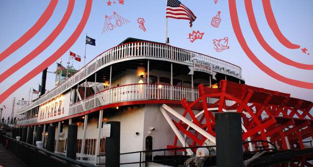 A paddlewheel boat with red, hand drawn elements.