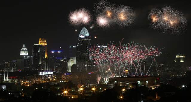 fireworks celebration over Cincinnati downtown
