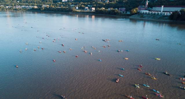 group of kayakers on the Ohio River in Cincinnati