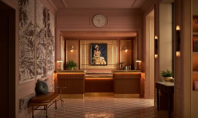 A plush bench sits in the foreground before a warmly lit reception desk adorned with a portrait, all set against a backdrop of elegant, patterned walls.