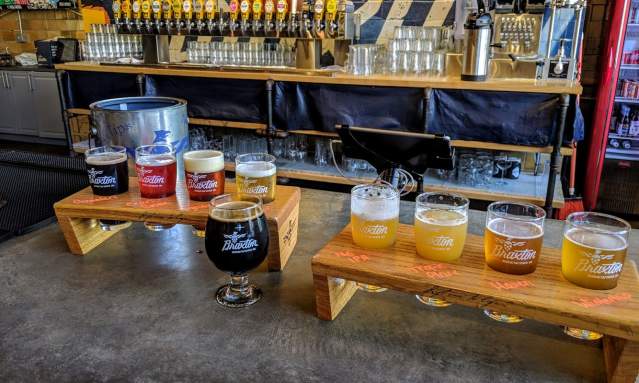 Multiple flights and a sample of beers from Braxton Brewing Co.