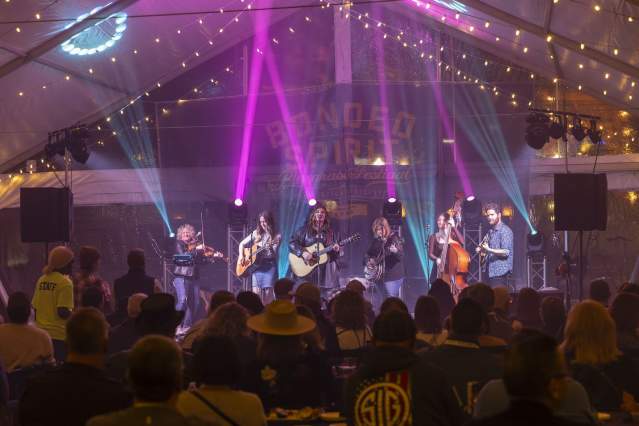 A band performs on stage under purple and teal lights with a crowd in front of the stage.