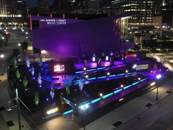 A nighttime aerial shot of the Cincinnati Black Music Walk of Fame.