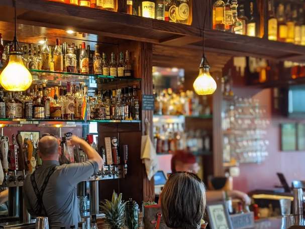 Woman seated at the wooden, well-stocked bar at Wiseguy Lounge in Mainstrasse Village
