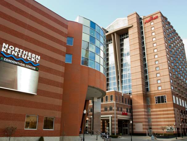 Photo of street level of Northern Kentucky Convention Center with Marriott RiverCenter in view in Covington Ky across the river from Cincinnati Ohio
