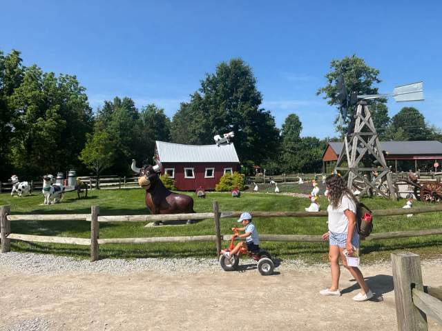 Children riding tricycles on a special track at Blooms and Berries.