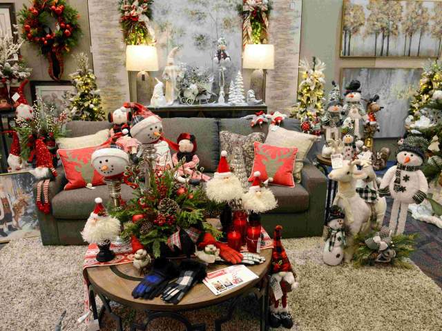 A display of festival holiday decor laid out at the Greater Cincinnati Holiday Market