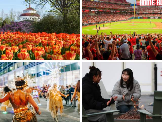 A vibrant field of orange tulips blooms in the foreground of a spring scene, while a packed baseball stadium with cheering fans fills the summer background, a lively parade marches down a street in the fall, and a group of people gathers around a fire pit in the winter.