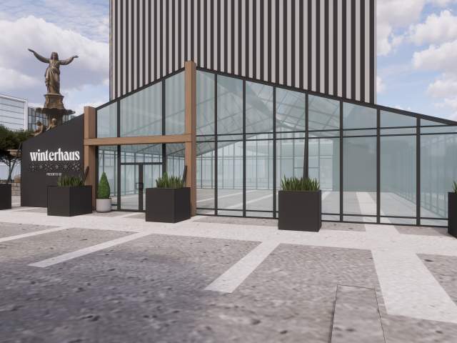 A graphic rendering of Winterhaus, a glass-paneled structure that will be built on Fountain Square for the holiday season.
