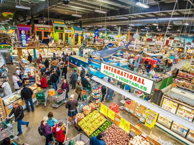 An aerial view of the aisles at Jungle Jim's International Market - featuring exotic produce, seafood and more.