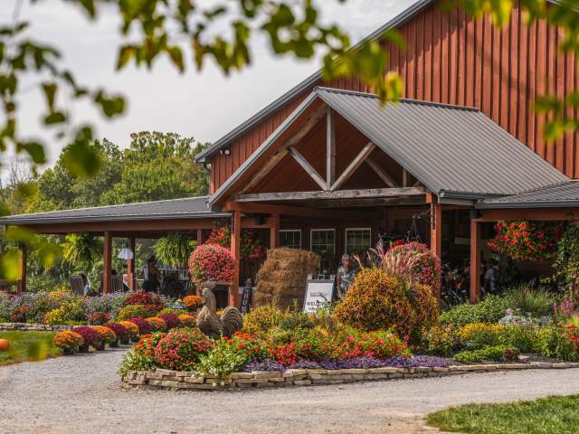 Exterior of a barn with fall foliage and colors