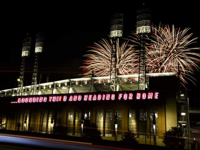 Fireworks go off above Great American Ball Park