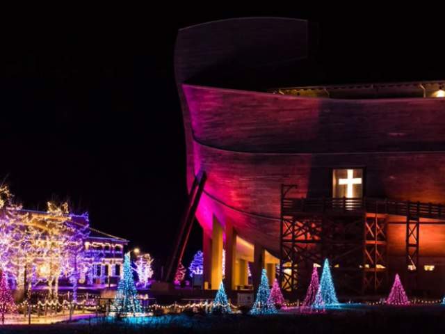 Exterior of the Ark Encounter lit up for ChristmasTime at the Ark holiday event
