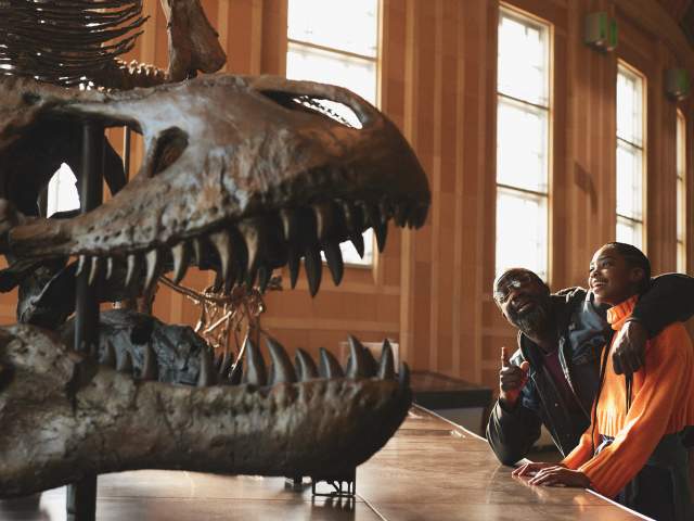 A father and daughter look at the dinosaur skeleton at the Cincinnati Museum Center