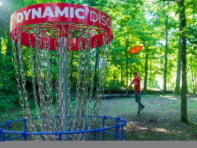 A disc golf goal sits in a clearing in the woods. In the background a person tosses a disc towards the goal.
