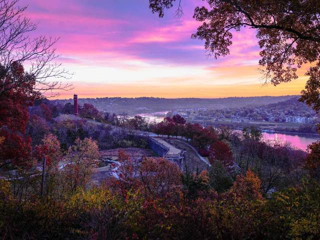 Areal view of Eden Park at sunset with the river in the background.