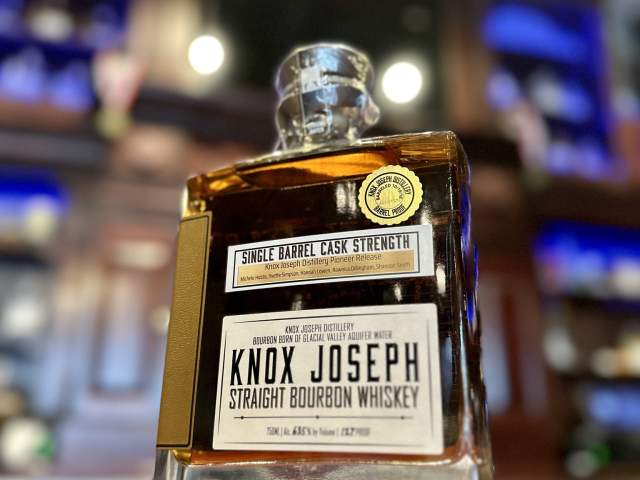 A bottle with the label Knox Joseph single barrel bourbon whiskey