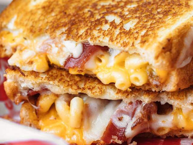 A grilled mac and cheese sandwich with bacon.