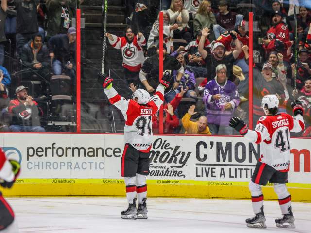 Image is of two Cincinnati Cyclones players on the ice with fans in the background cheering.