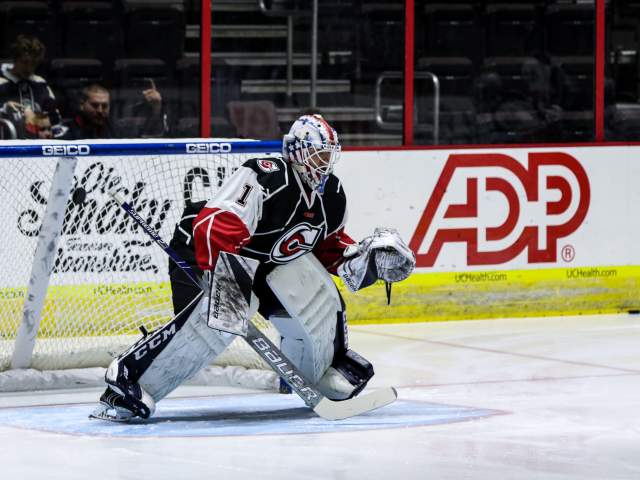 photo of cincinnati cyclones hockey goalie at heritage bank arena