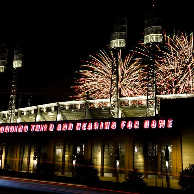 Great American Ballpark_Exterior_Night_Neon Sign_Fireworks